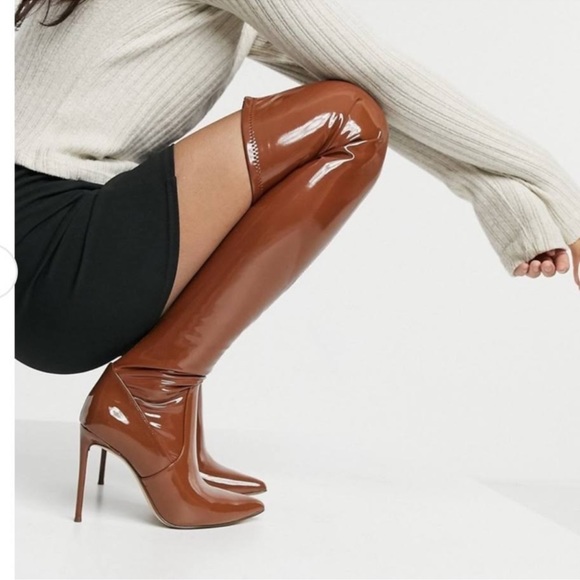 NWOT Steve Madden Vanquish Cognac Patent Leather Over the Knee Boots - Picture 1 of 5